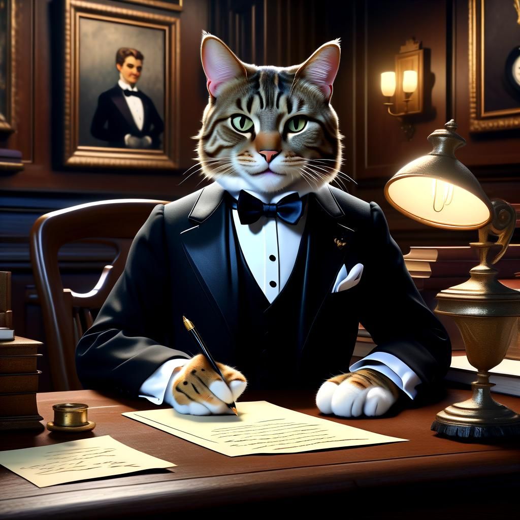 A handsome  tabby cat writing a letter