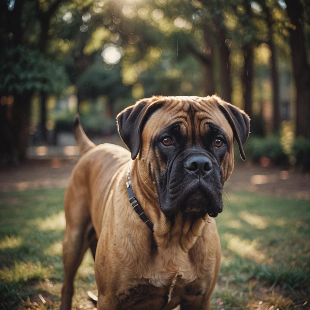 Bull mastiff portrait, roughness, intense sinister lighting, camera aberration, lens flare, fringe bloom, ...  by @Simon
