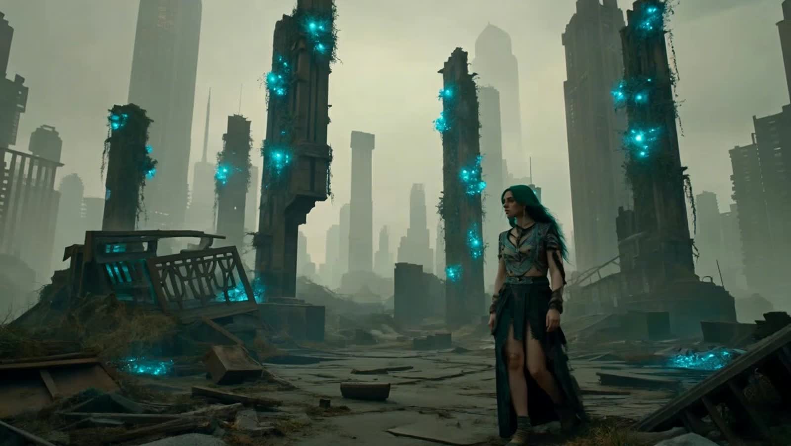 A solitary, lithe and sensual young woman with green hair  stands amidst the ruins of a post-apocalyptic city, overgrown...