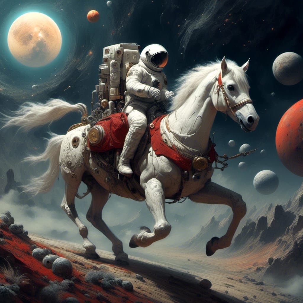 Astronaut on White Horse in Space Art