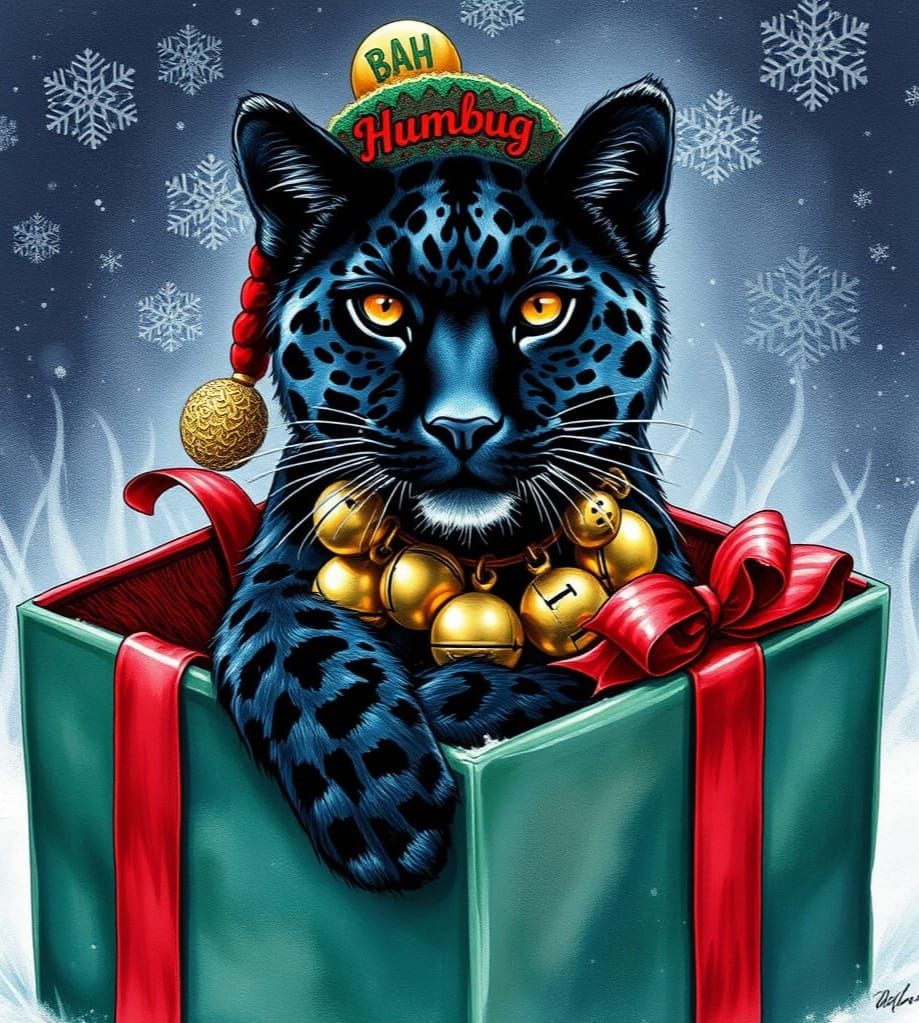 Portrait of a black Jaguar sitting In a beautifully wrapped Christmas ...