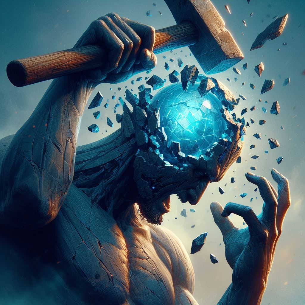 Golem braking their own head with hammer to reveal Crystal mind