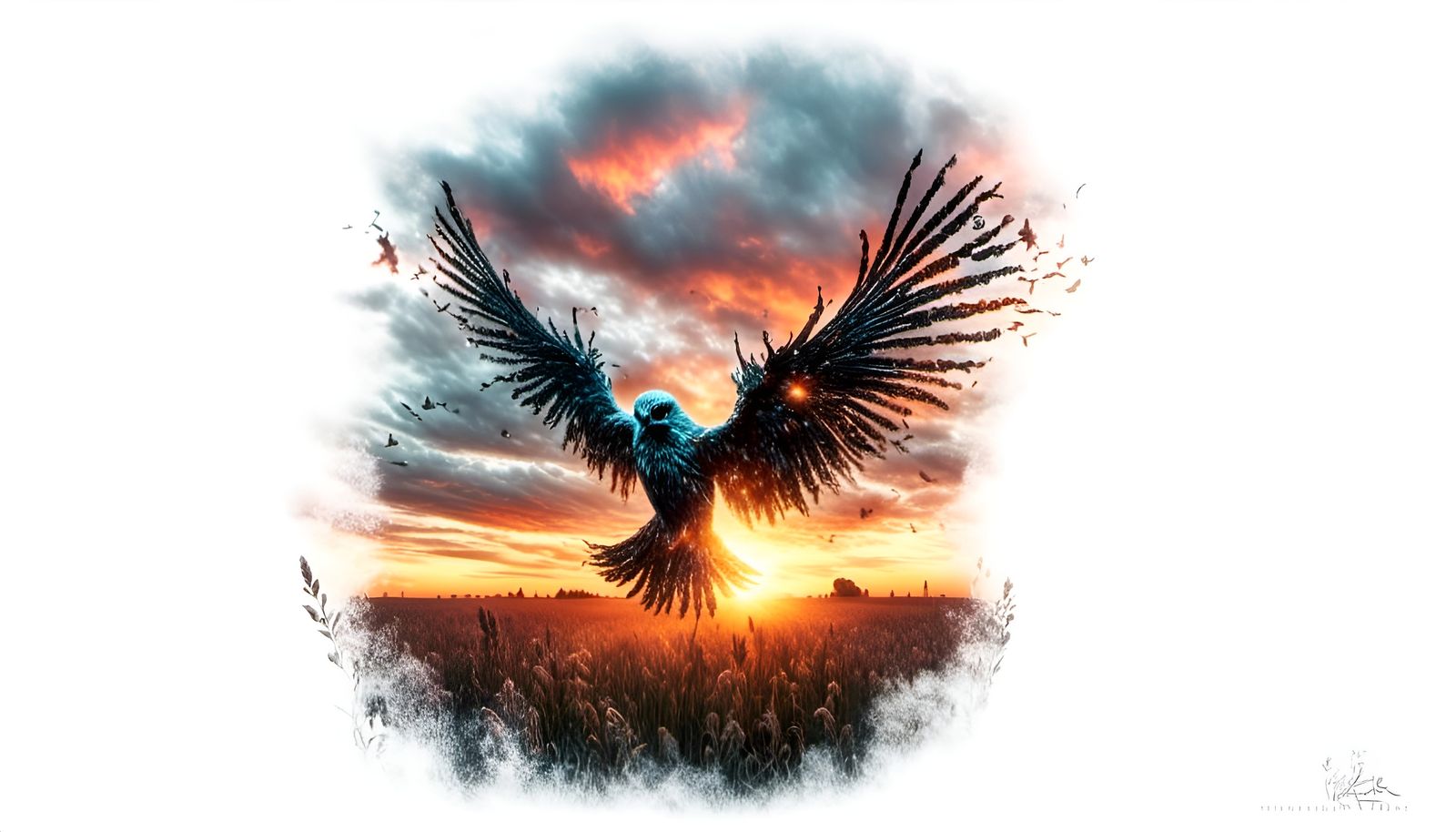 ghostly bird made of light in a fiery field. lovely clouds. Ethereal.  Heavenly light! <lora:Bathing in light:1.0>  professional photography...