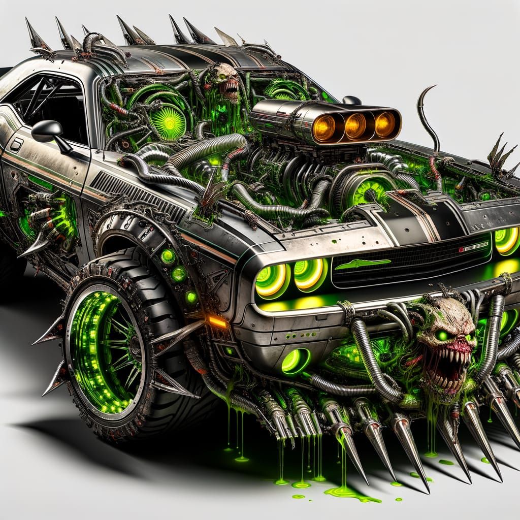 Mutant muscle car, heavily modified Challenger with mirror chrome trims
