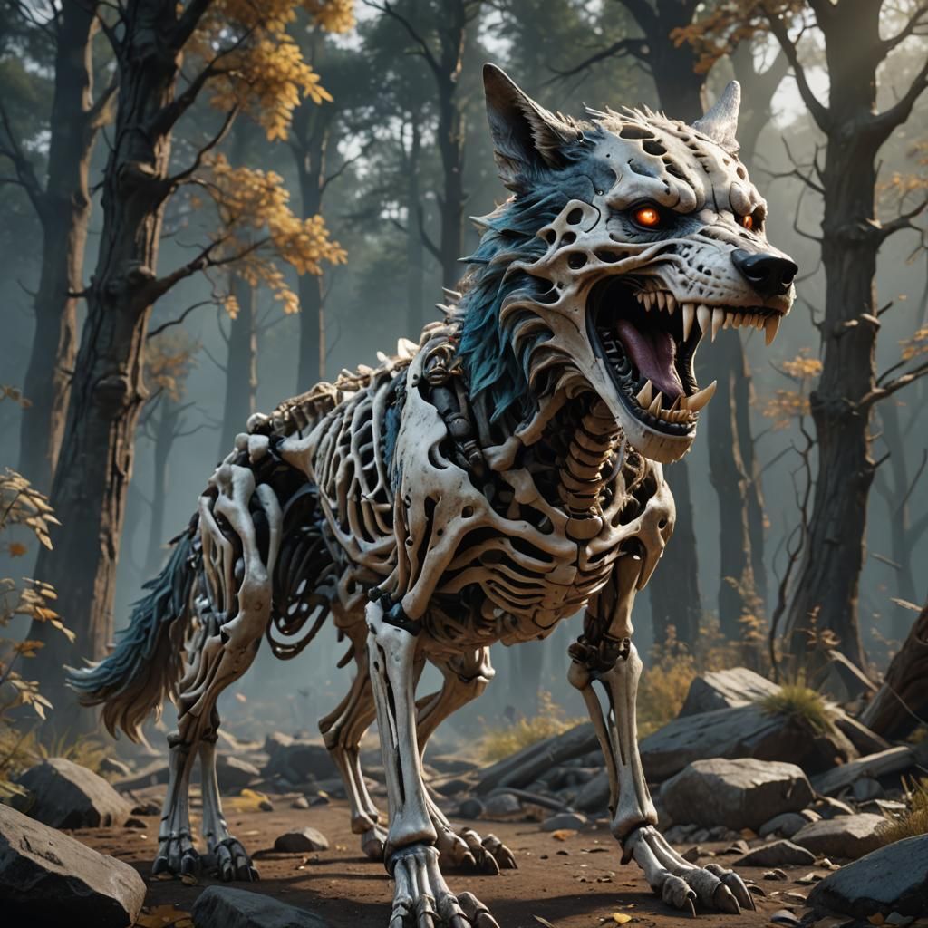 A skeleton wolf that's screaming ultra realistic high defini...