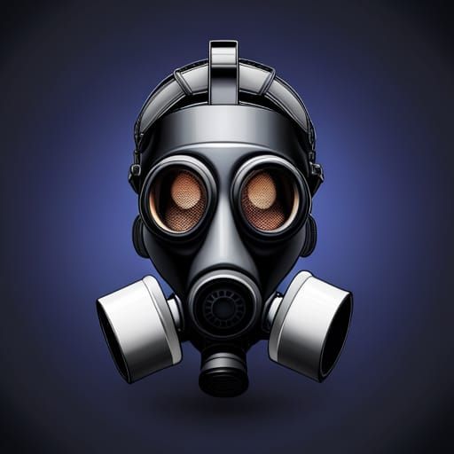 black gas mask with eyes and mouth shining and smoke coming ...
