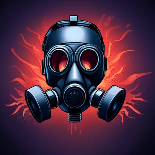 black gas mask with eyes and mouth shining and smoke coming ...