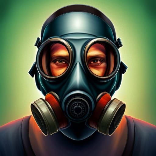 black gas mask with eyes and mouth shining and smoke coming ...