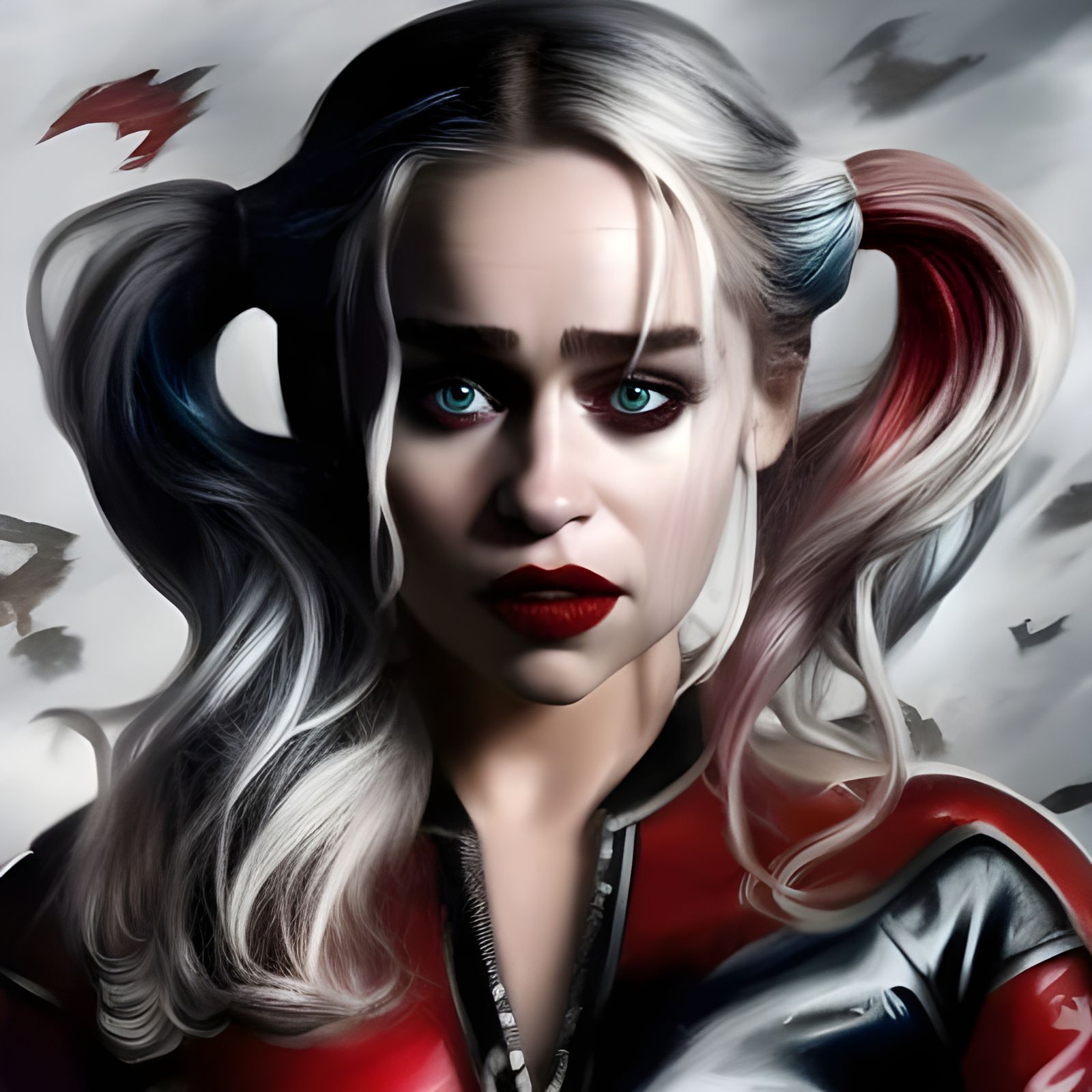 : Emilia Clarke as Harley Quinn, red & black PVC jacket, blonde pigtail ...