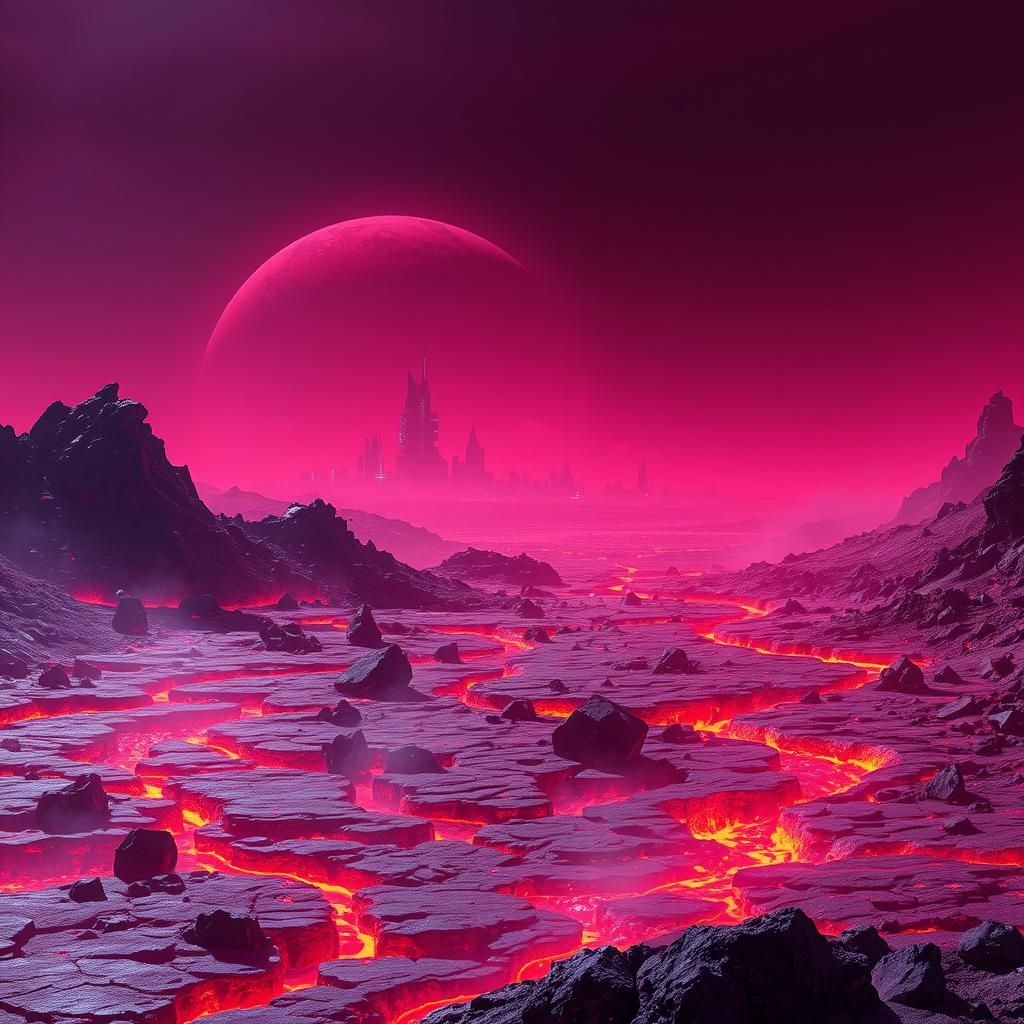 Apocalyptic planet with molten lava on it's surface and futuristic technology 