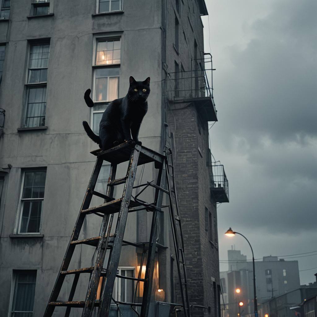 Black cat on a ladder
