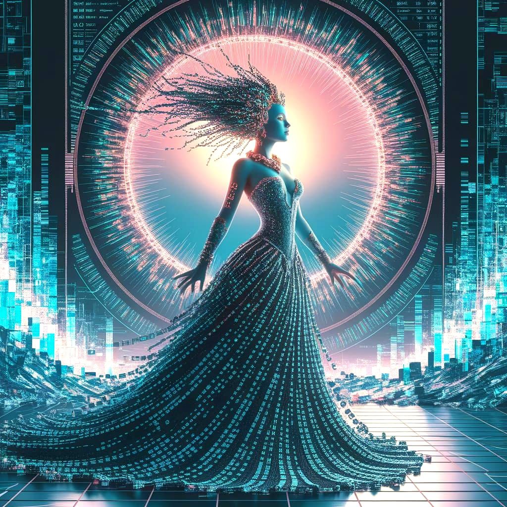 A digital enchantress with a flowing gown of binary code stands before a shimmering portal, their eyes radiating an otherworldly glow. The b...