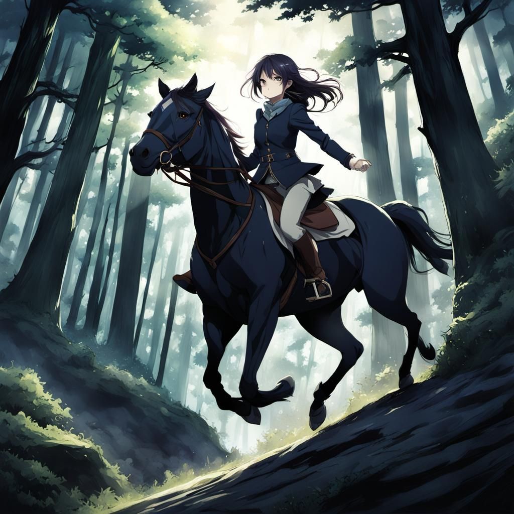 Teen girl in the dark woods alone riding a horse jumping off...