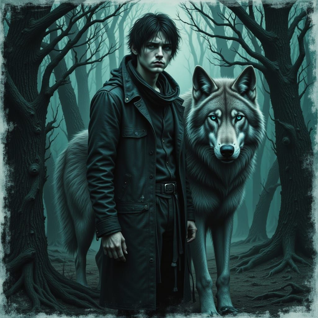 <lora:MrsH-TealMelancholia:1.0> A young man, dark hair and eyes, is lost amidst a grove of gnarled, ancient trees, he  is protected by his g...