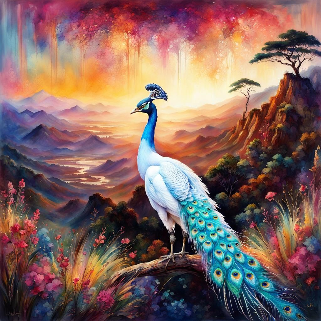Indian peafowl overlooking a vale