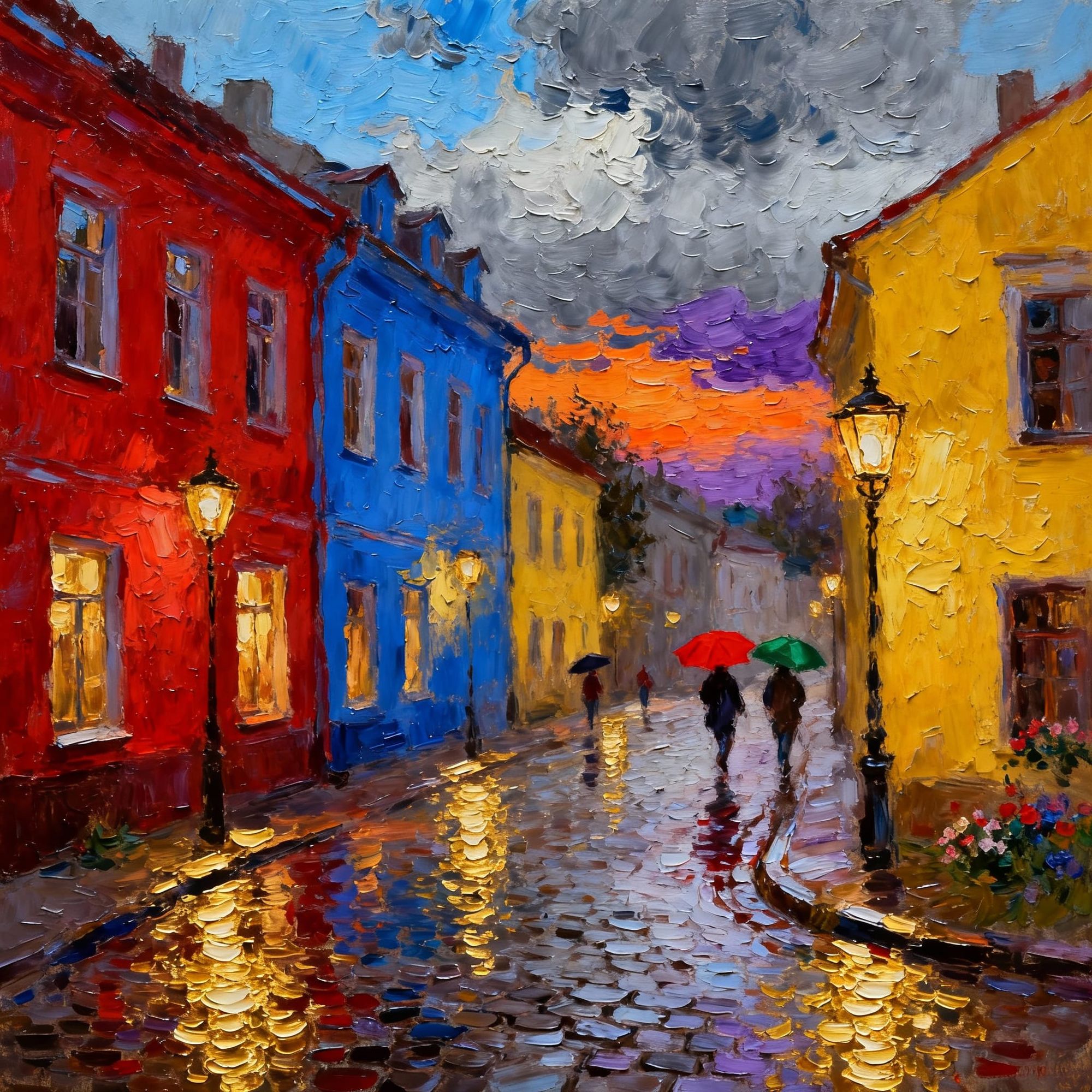 An old, rainy European street after the rain, cobblestones gleaming with golden reflections from vintage lanterns. The facades of the houses...