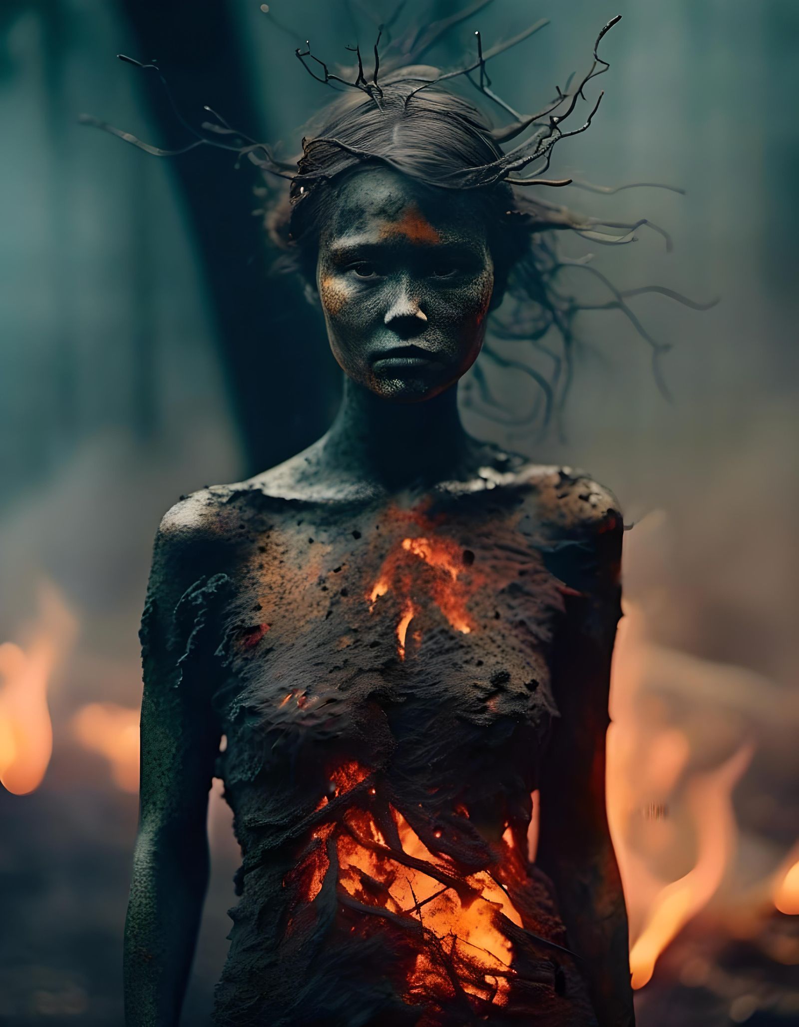 Fiery Lava Girl in Tonalist Forest Landscape