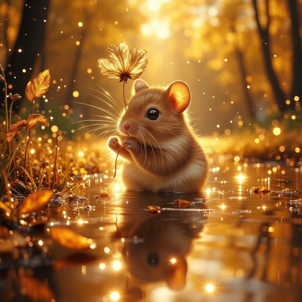 Ultrareal hyperrealistic insanely real oil acrylic of a beautiful mouse under a flower in the autumn puddle, sparkling and shining in golden...