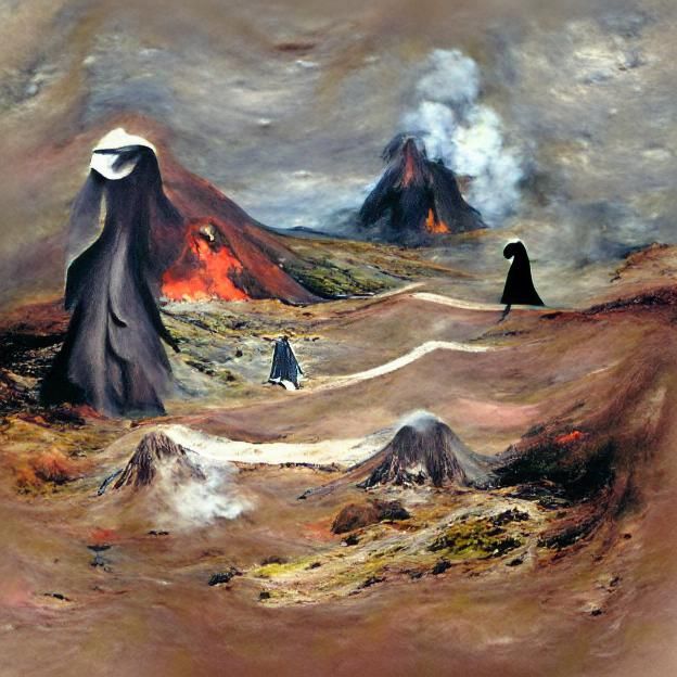 Volcanic Landscape with a hooded figure walking towards a straight path