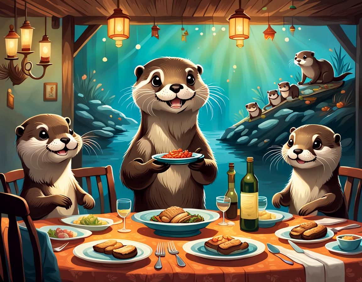 an adorable and beautiful otter, smiling, serving the table ...