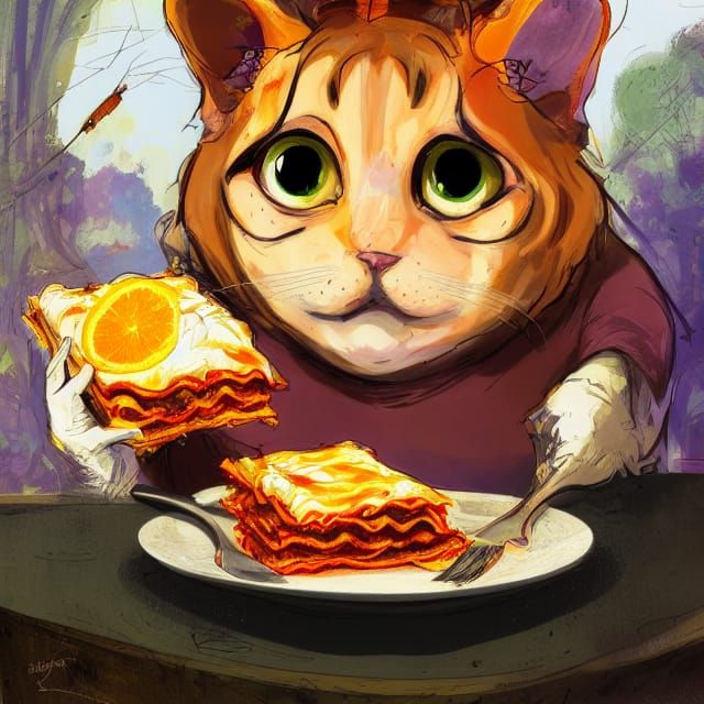Cat eating lasagna