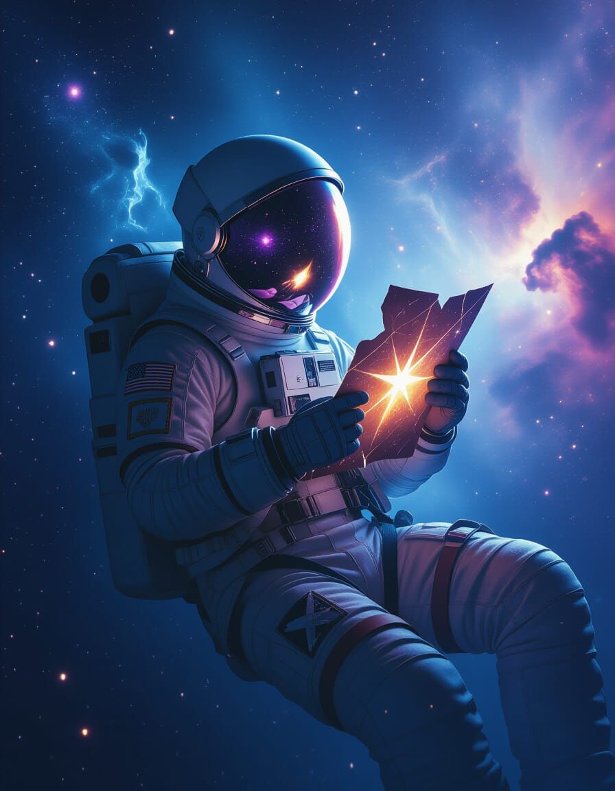  Astronaut in a worn, metallic suit with faded patches, clutching a torn star map, drifting amidst a nebula's iridescent haze, illuminated b...