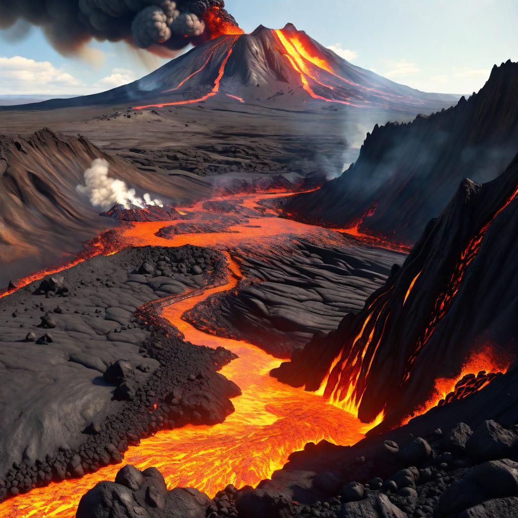 Distant view of a Volcanic Fire shooting out from a barren M...