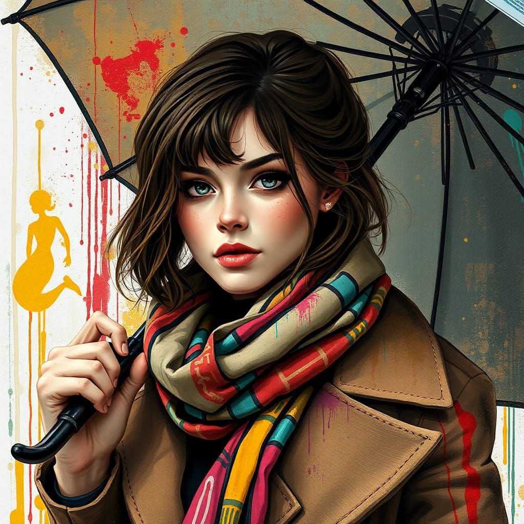 Woman with Umbrella in Graffiti Street Art Style