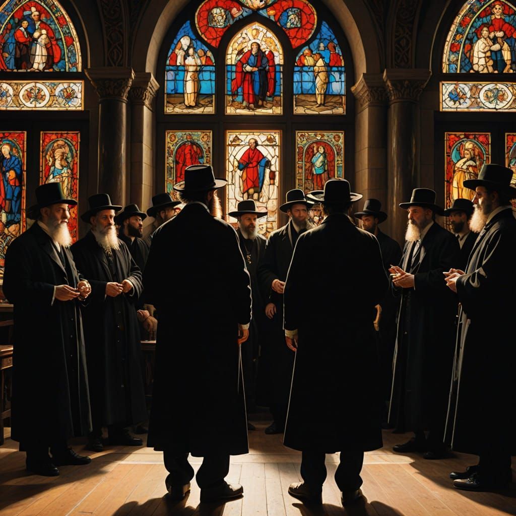 Hasidic Jewish Men in Vibrant Synagogue Setting
