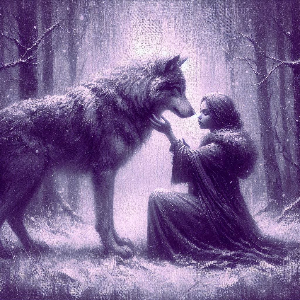purple wolf and woman