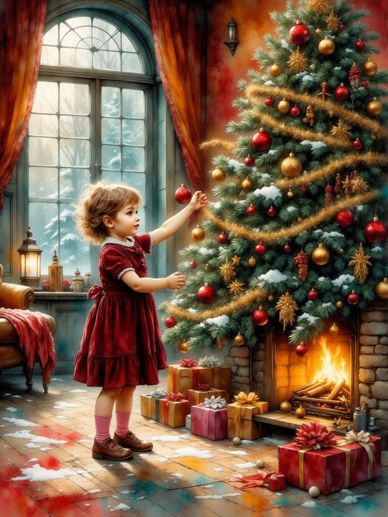 Child Reaches for Ornament on Festive Christmas Tree