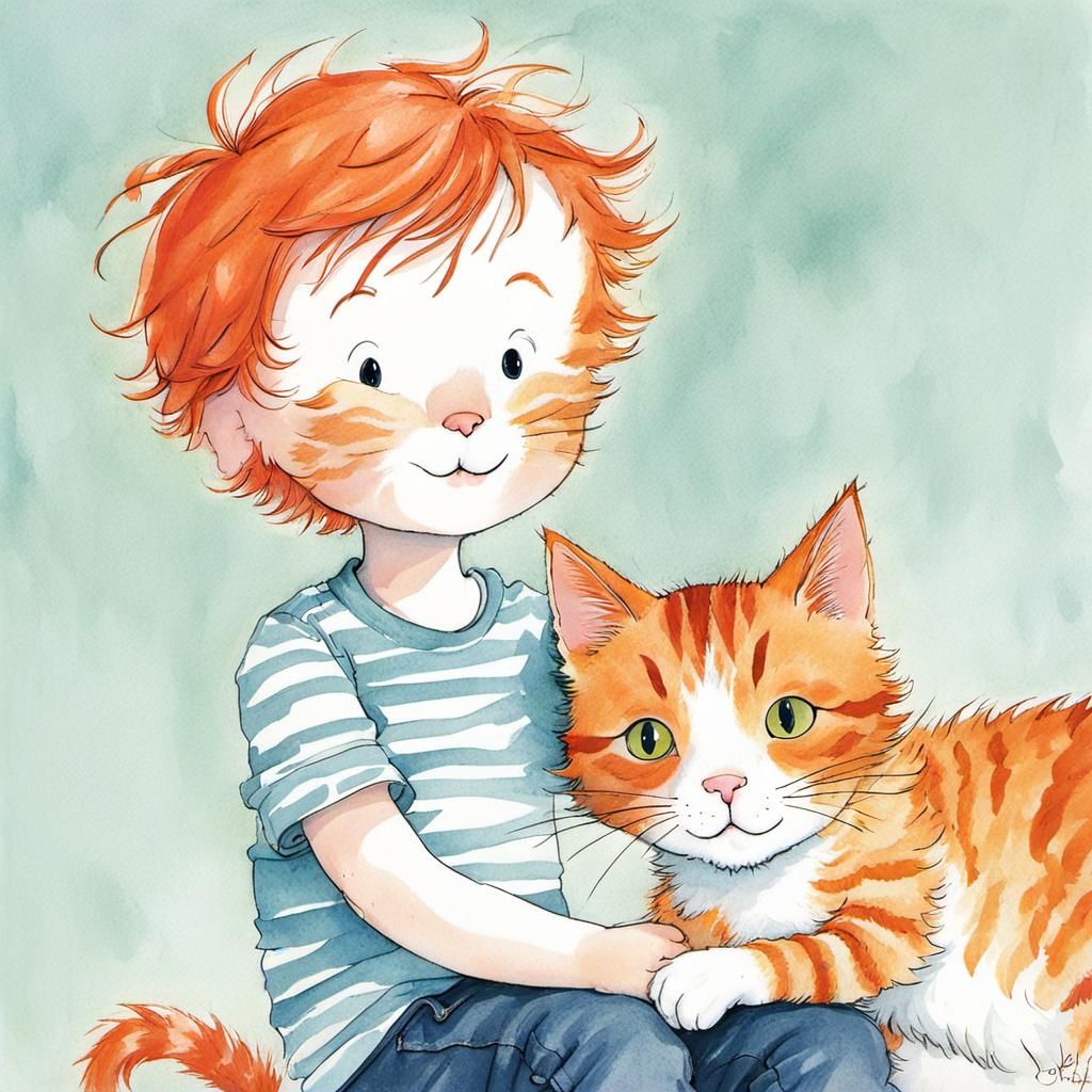cute redhead freckled toddler boy and his ginger cat, by Que...