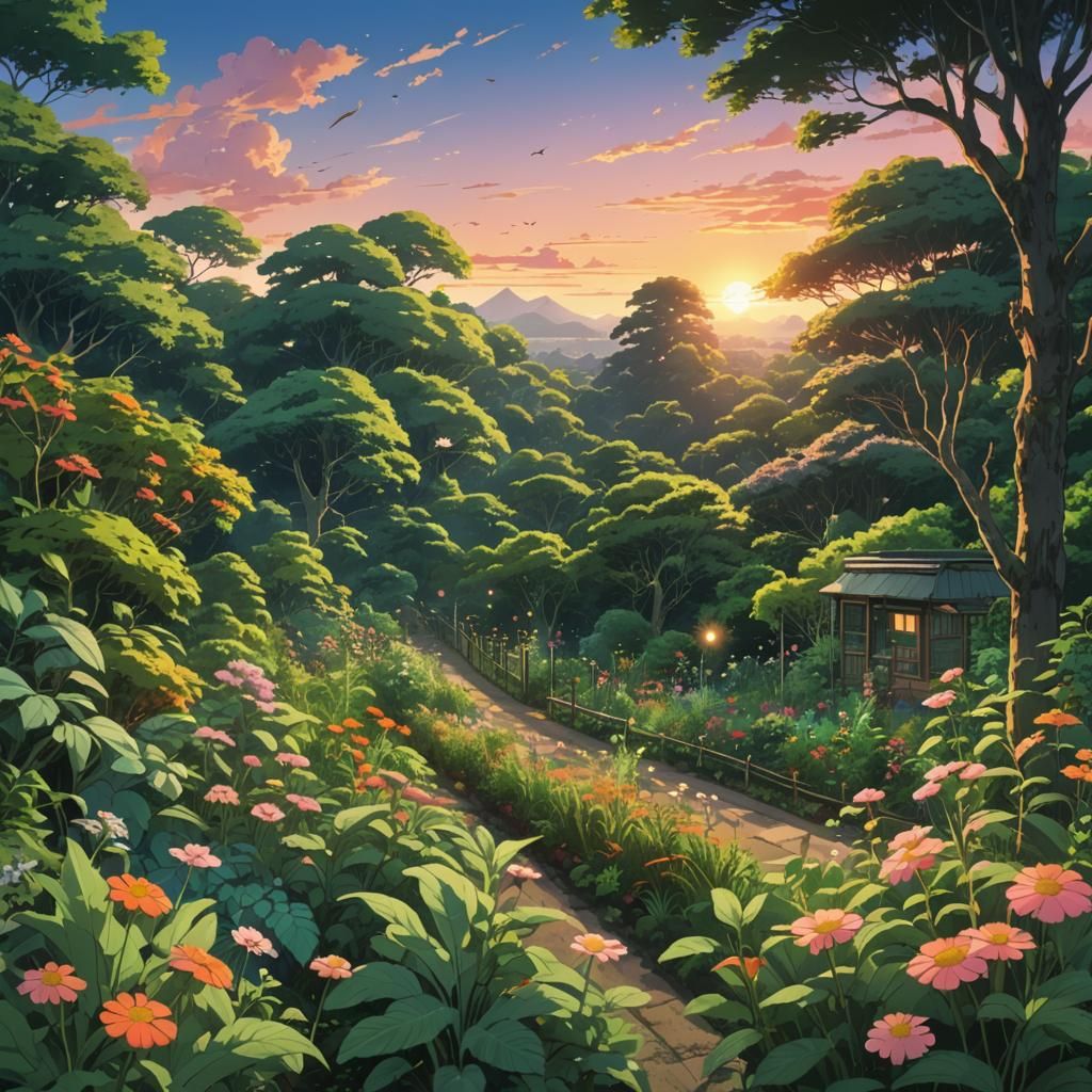 a tranquil vegetable garden setting in the foreground, full ...