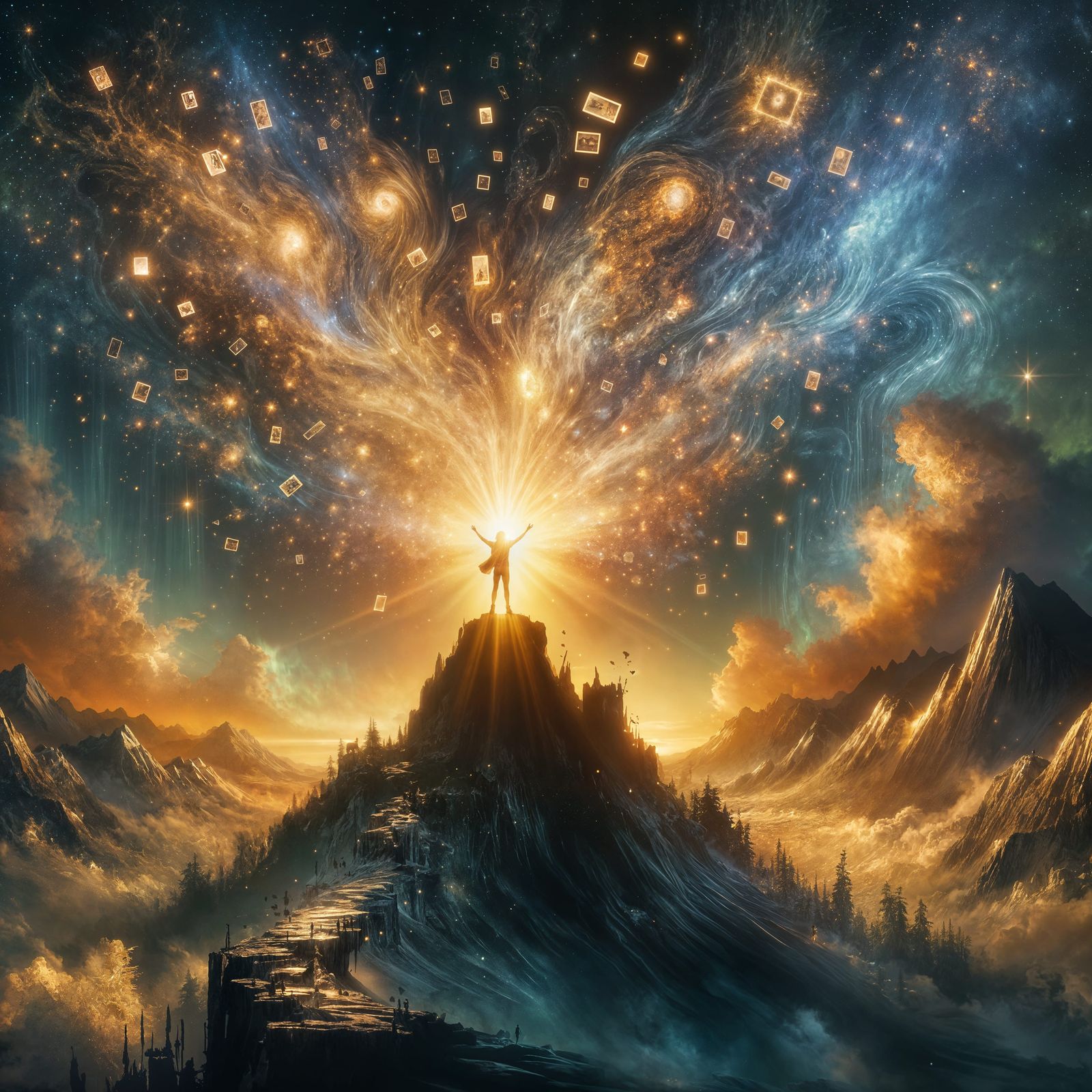 A lone figure stands at the summit of a surreal mountain composed of fragmented memories — glowing shards ...  by @Horse-T