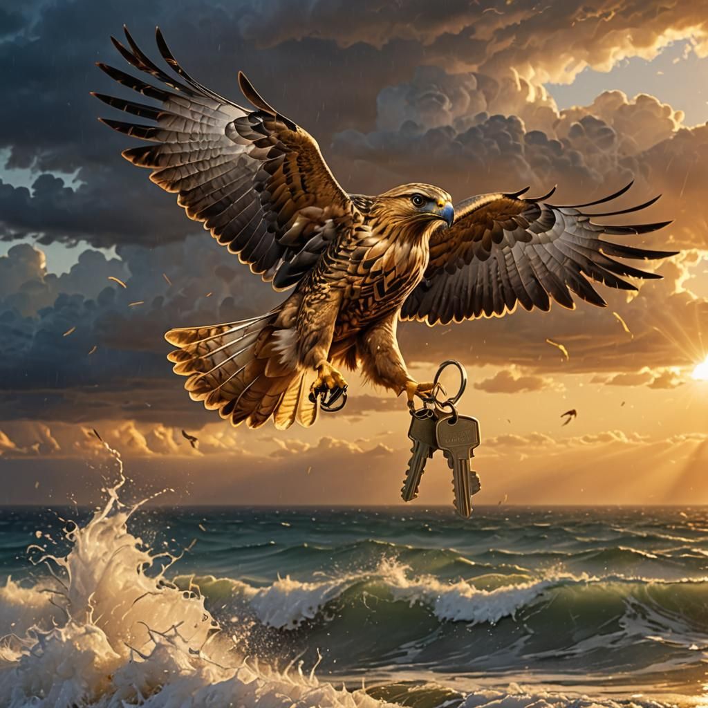 Golden Hawk Swooping Over Ocean with Golden Keys