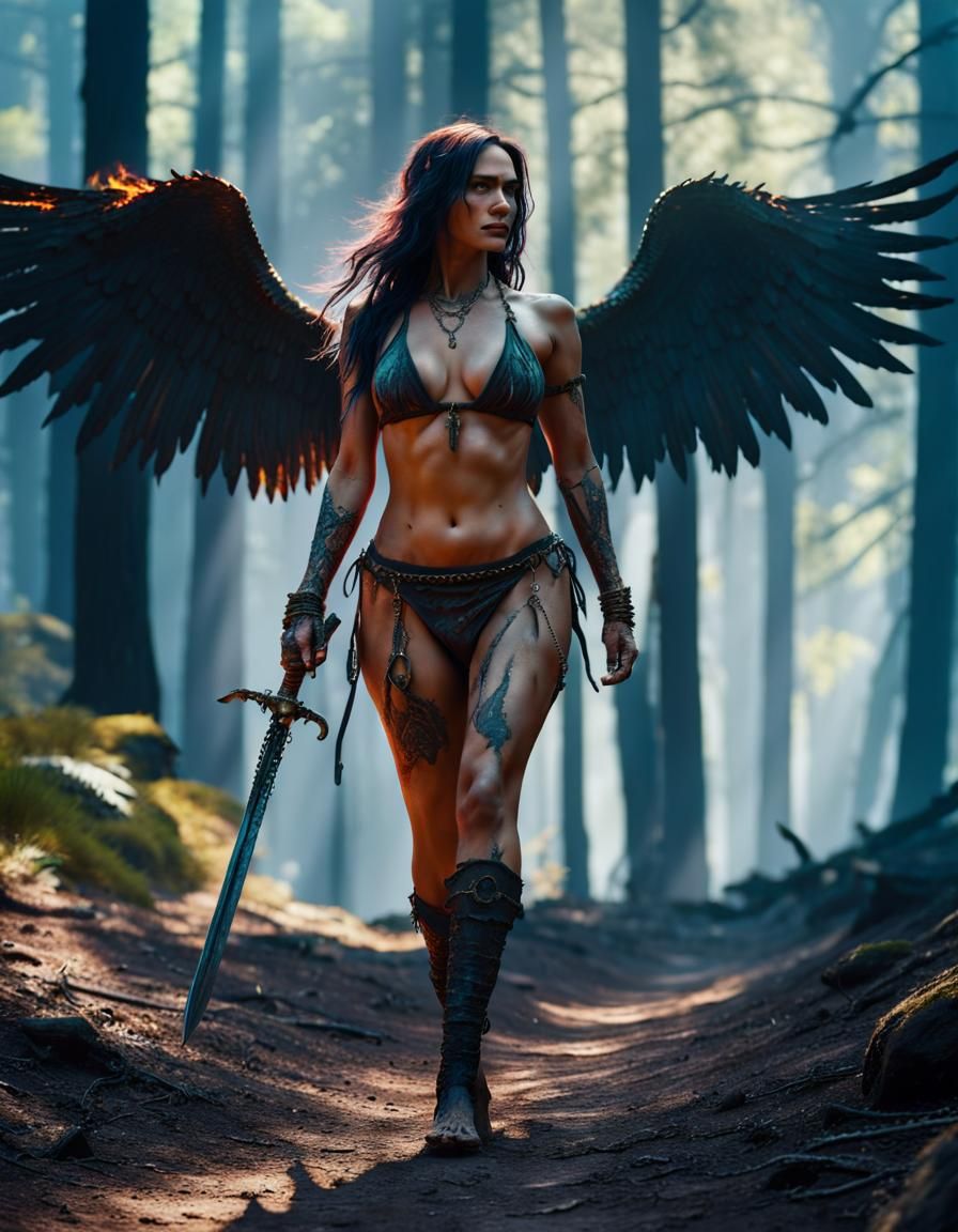 A dark angel walks along a path in the forest