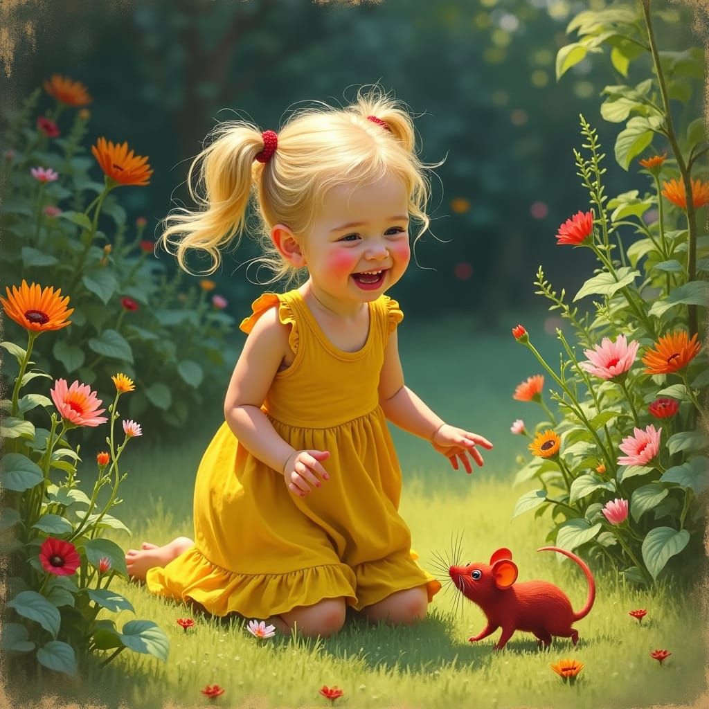 Girl Catches Mouse in Sunlit Garden, Oil Painting