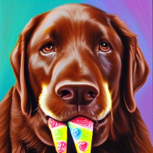 chocolate lab licking an ice cream cone with rainbow sprinkl...