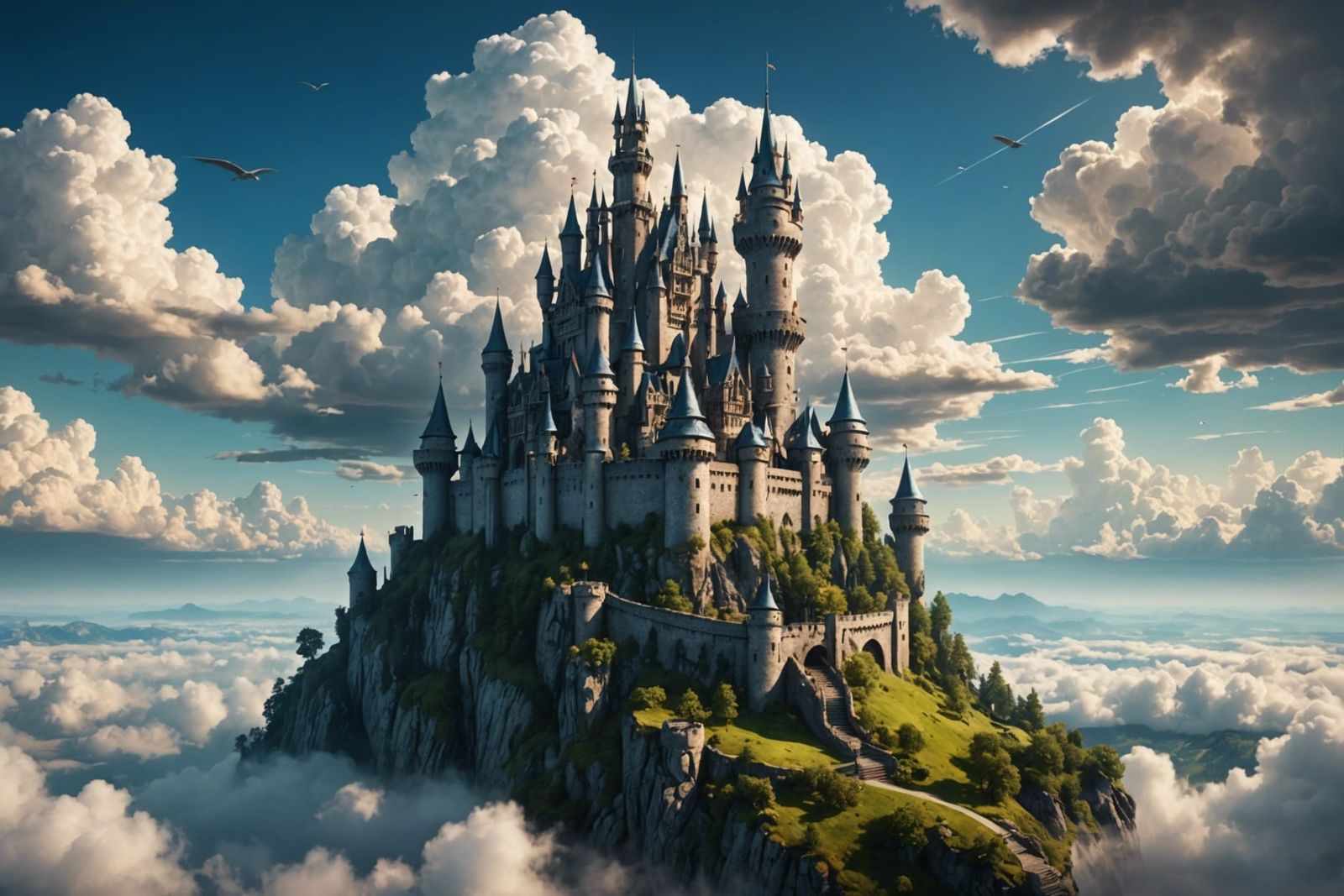 Fantasy Flying Castle on Cloud in Matte Painting Style