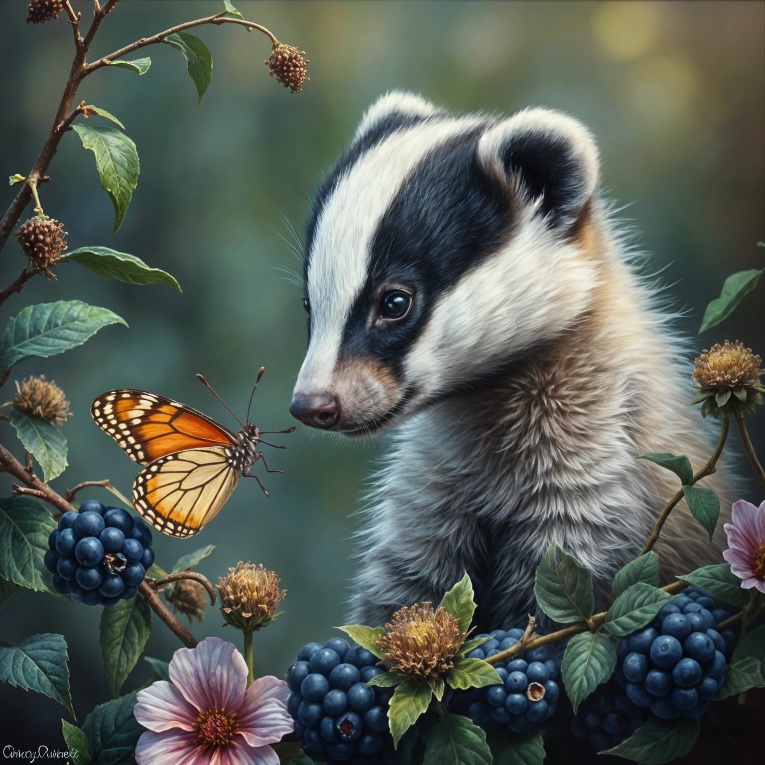 Realistic Badger Cub Meets Butterfly in Enchanting Portrait