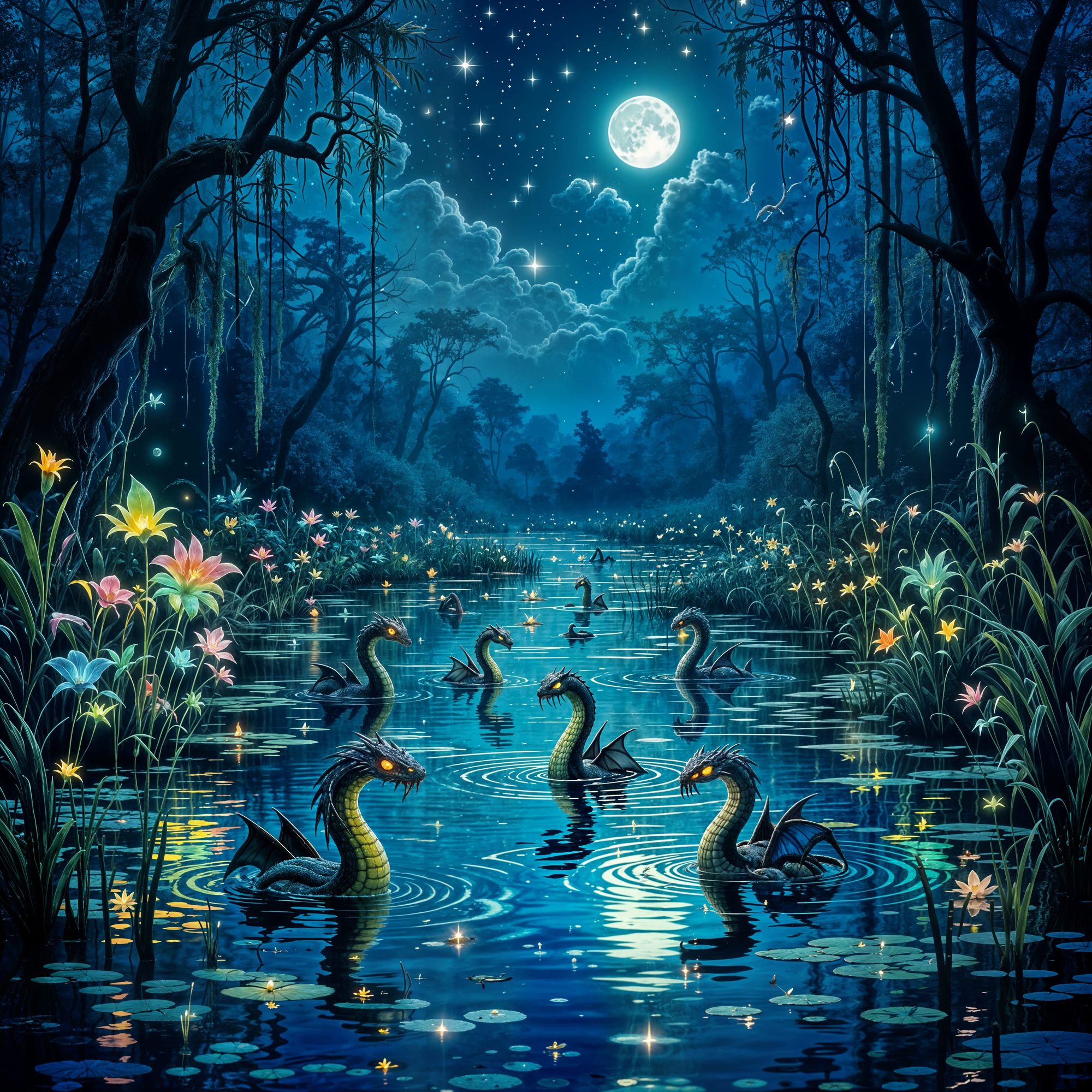Swampy shallow pond in enchanted forest under moon and stars. Strange looking snake like creatures sticking out of water like long sticks or...