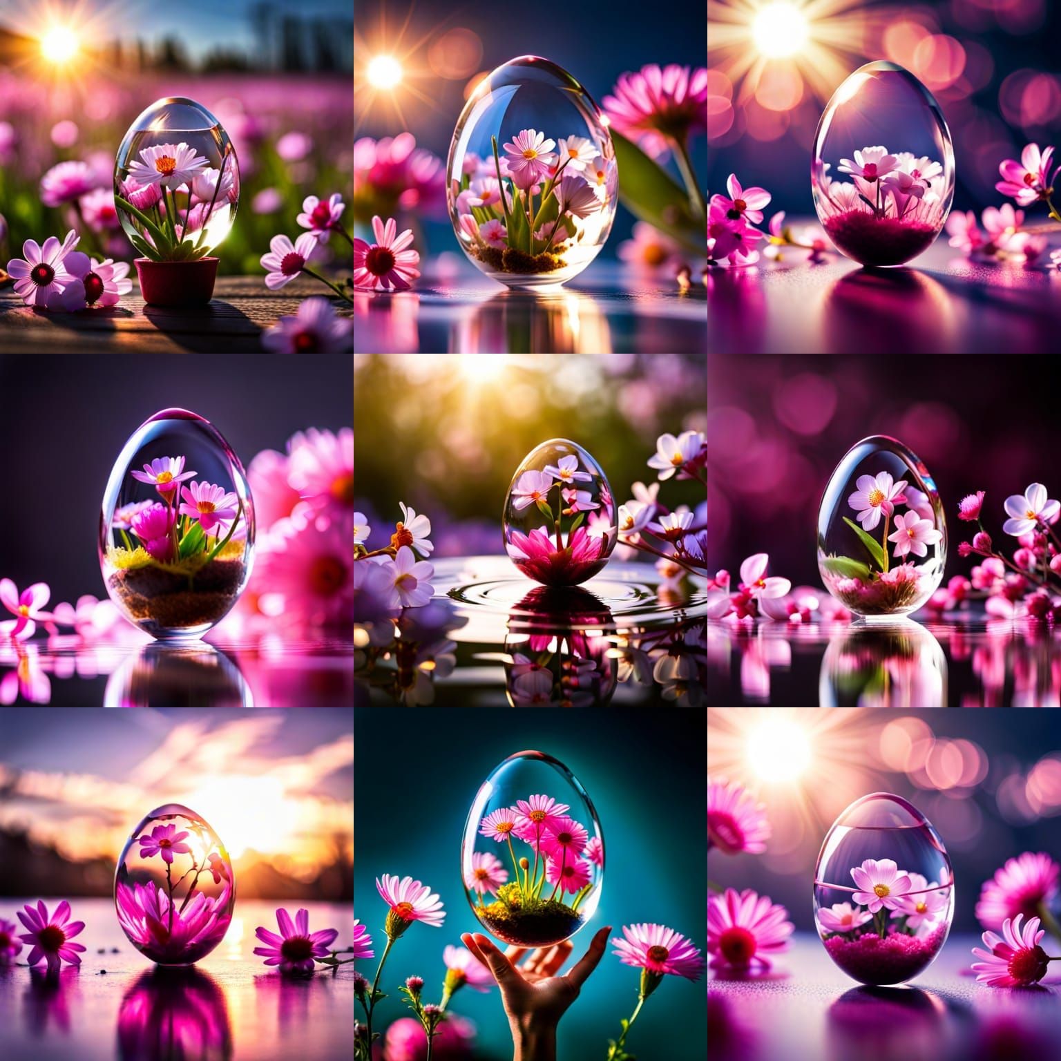 a crystal easter egg, pink crystal, beautifal, shiny, sun glints, flowers