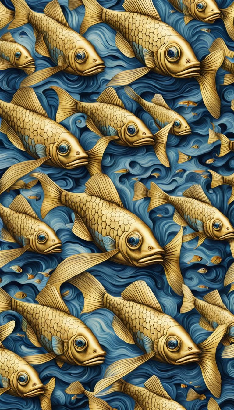 Realistic wonky fish, surreal, hyperreal, wallpaper, pattern...