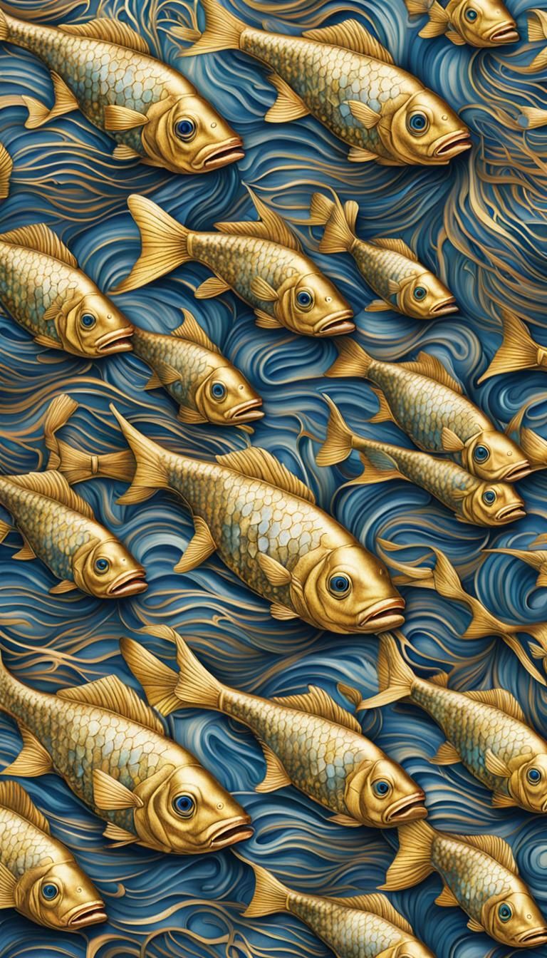 Realistic wonky fish, surreal, hyperreal, wallpaper, pattern...