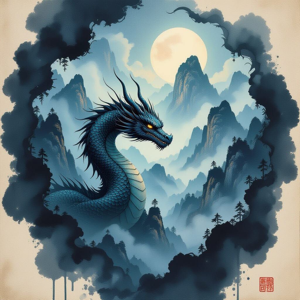a dragon coming out of the ink on a paper with mountains