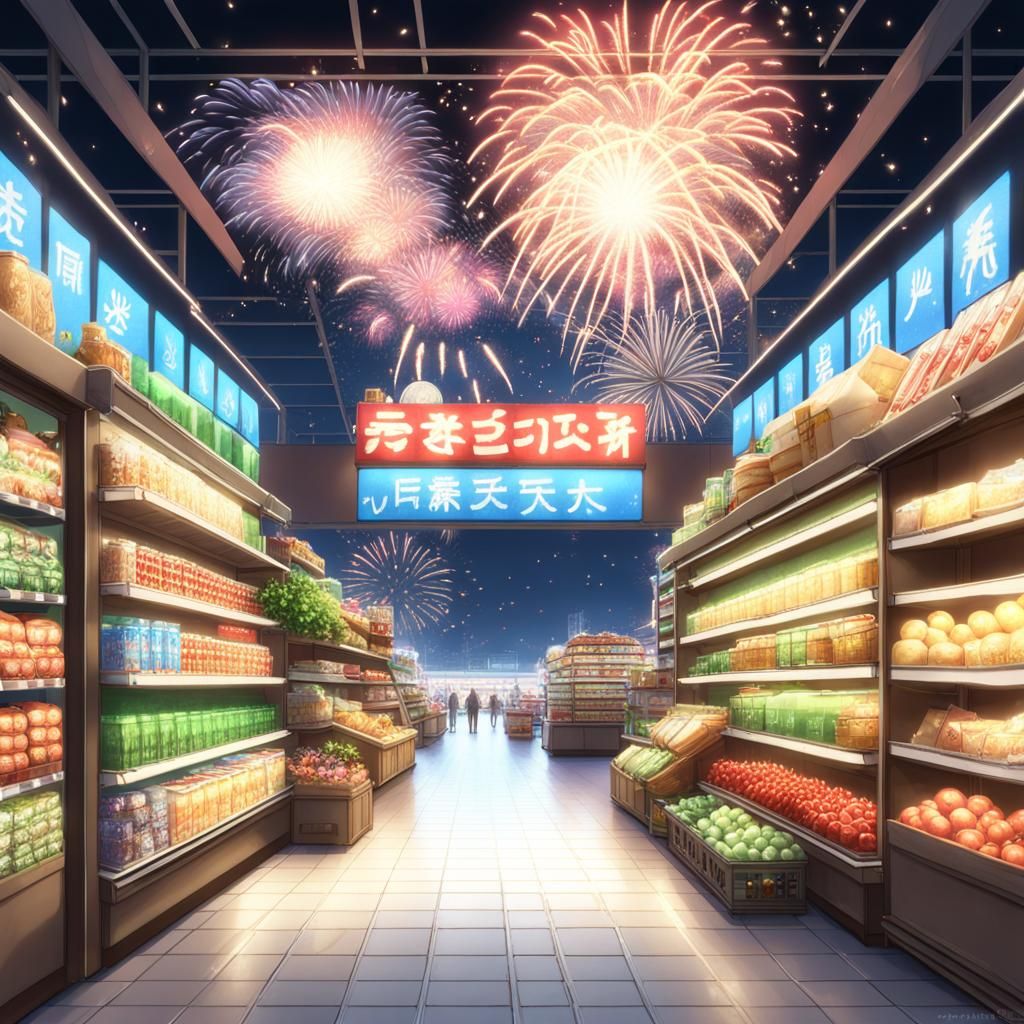 Grocery entrances filled with sparkling fireworks - AI Generated ...