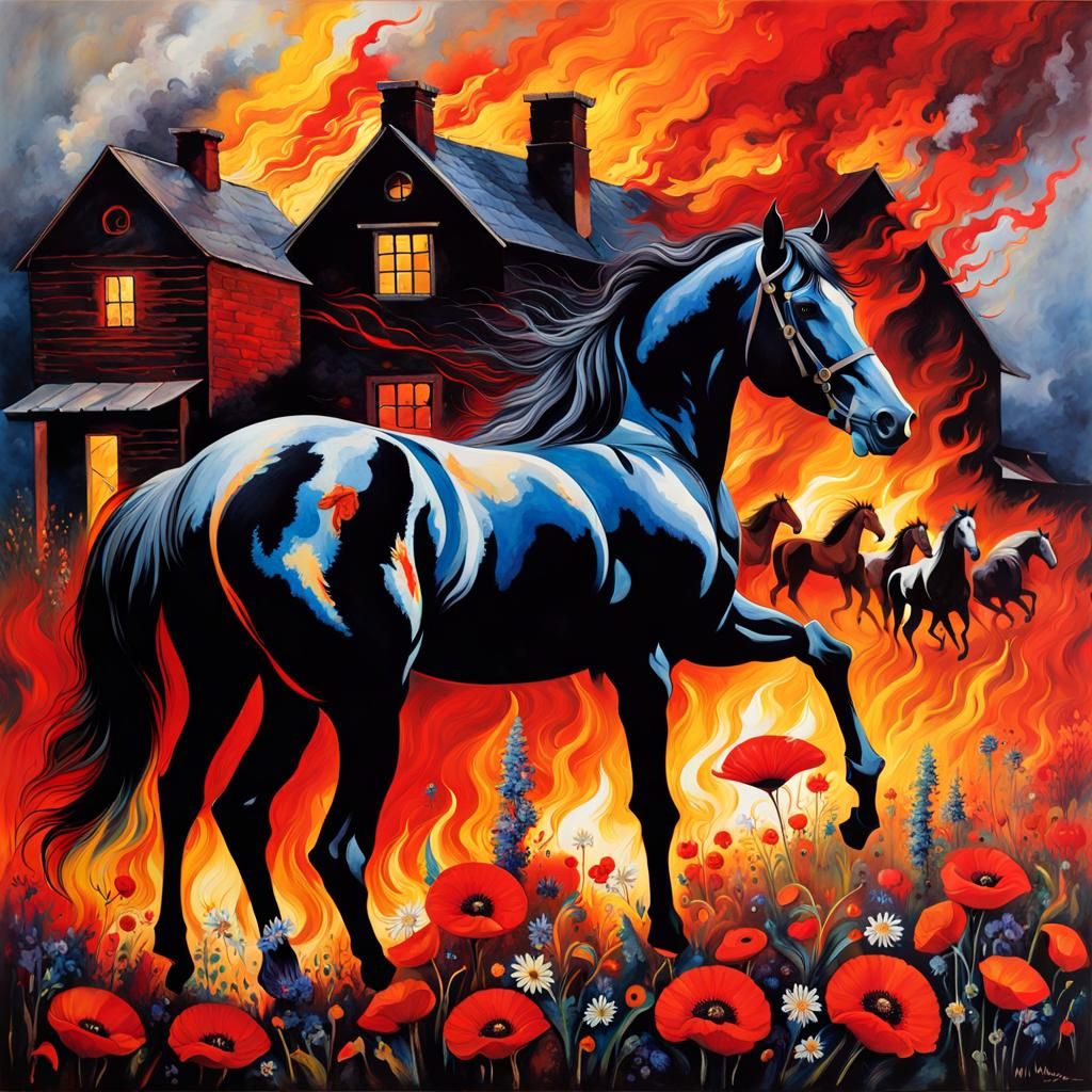 The house and stables went up in flames, the horses fled. Bu...