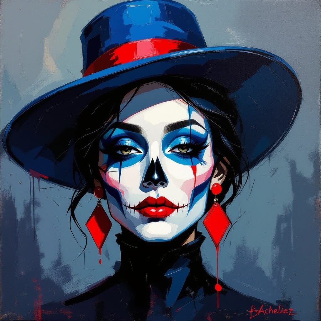 Create a minimalistic view of a Halloween skull with a blue hat and red earrings in the style of Anne Bachelier.
Heavy paint smears heavy pa...