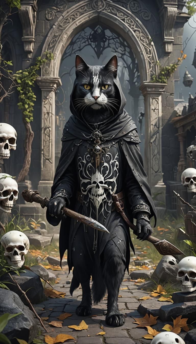 A black cat with white facial markings like a skull dressed as the Grim ...