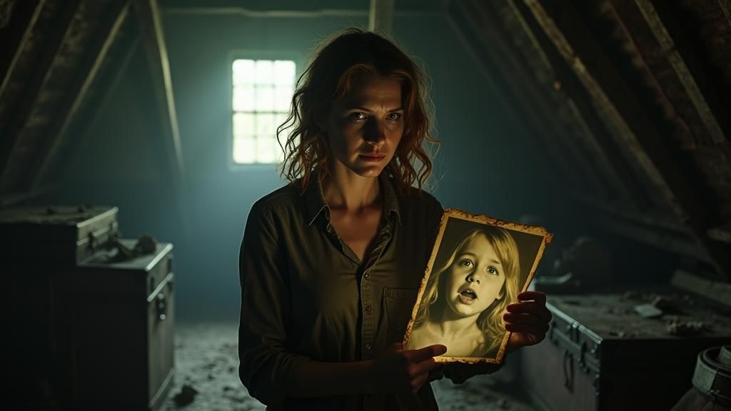 "Sarah (mid-30s woman with auburn hair and green eyes) in a dusty, cobweb-filled attic, holding an old sepia photograph. Her face shows shoc...